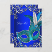 Silver Royal en Blauwgroen Blue Masquerade Party R RSVP Kaartje (Voorkant / Achterkant)