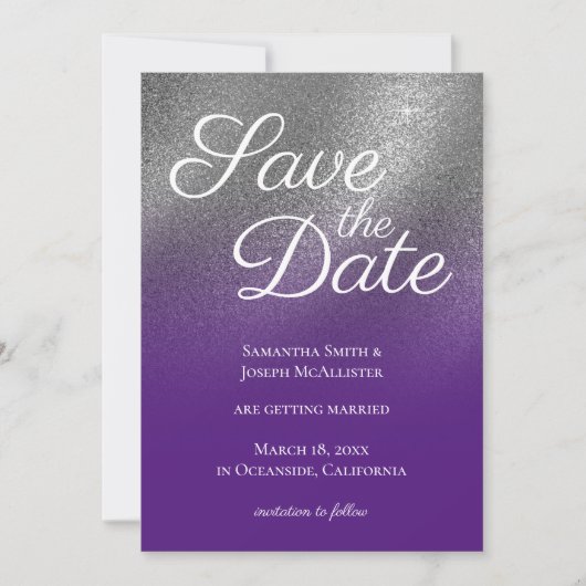Silver Royal Paars Glitter Ombre Save the Date Kaart (Voorkant)