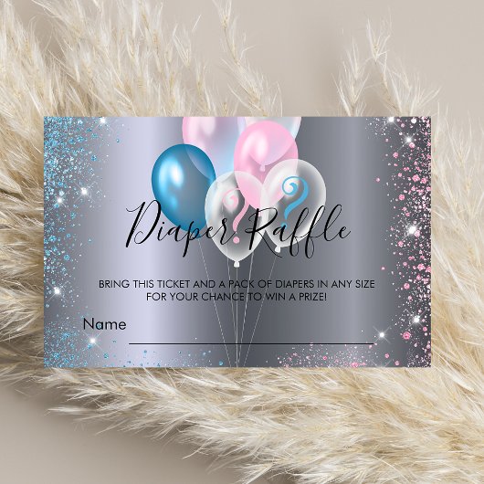 Silver roze blauwe ballon baby shower diaper raffi informatiekaartje