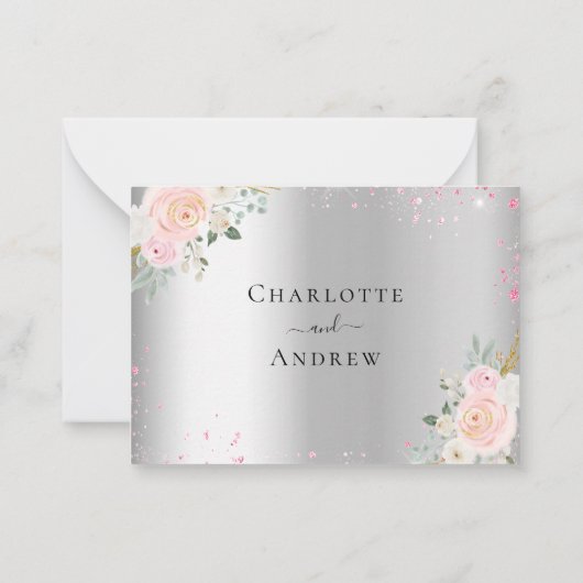 Silver roze bloemen bruiloft RSVP Notitiekaartje (Achterkant)
