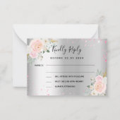 Silver roze bloemen bruiloft RSVP Notitiekaartje (Voorkant)