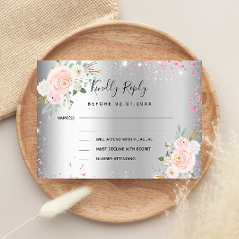 Silver roze bloemen bruiloft RSVP Notitiekaartje