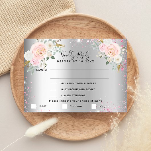 Silver roze bloemen trouwmenu RSVP Notitiekaartje