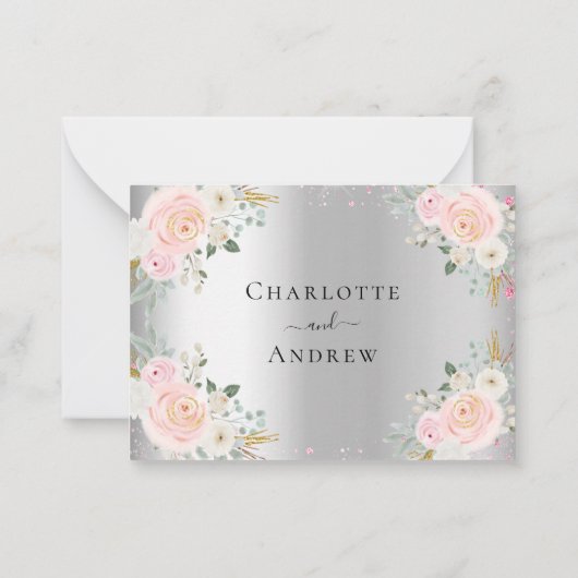 Silver roze bloemen trouwmenu RSVP Notitiekaartje (Achterkant)