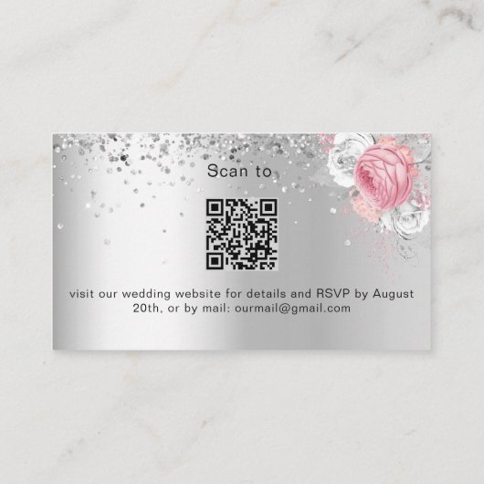 Silver roze bloementrouwwebsite RSVP QR-code Informatiekaartje (Achterkant)