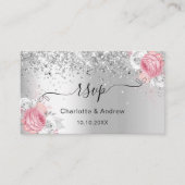 Silver roze bloementrouwwebsite RSVP QR-code Informatiekaartje (Voorkant)