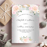 Silver roze floral 25th bruiloft kaart<br><div class="desc">Een faux zilveren metalen achtergrond met roze faux glitter,  sparkles en blauwe roze florals. Pas uw namen en gegevens aan en voeg deze toe.</div>