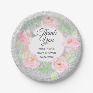 Silver & Roze Floral Hartelijk dank Baby shower Papieren Bordje
