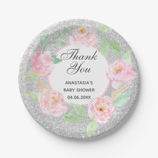 Silver & Roze Floral Hartelijk dank Baby shower Papieren Bordje (Voorkant)