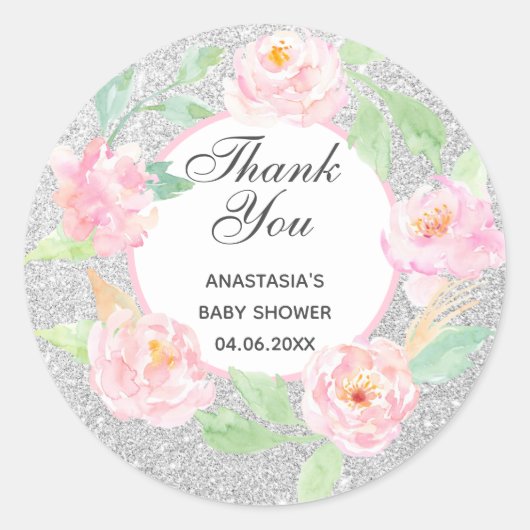 Silver & Roze Floral Hartelijk dank Baby shower Ronde Sticker (Voorkant)