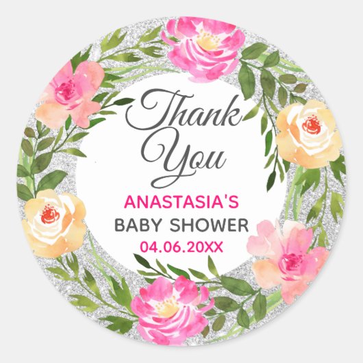 Silver & Roze Floral Hartelijk dank Baby shower Ronde Sticker (Voorkant)