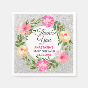 Silver & Roze Floral Hartelijk dank Baby shower Servet