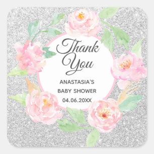Silver & Roze Floral Hartelijk dank Baby shower Vierkante Sticker