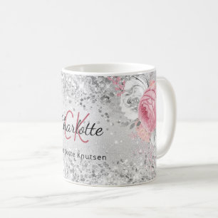 Silver roze florals elegant monogram koffiemok