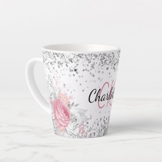 Silver roze florals elegant monogram latte mok (Linkerhoek)