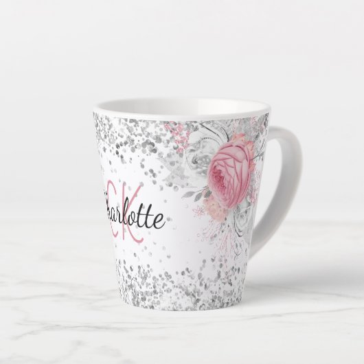 Silver roze florals elegant monogram latte mok (Rechterhoek)