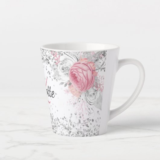 Silver roze florals elegant monogram latte mok (Rechts)