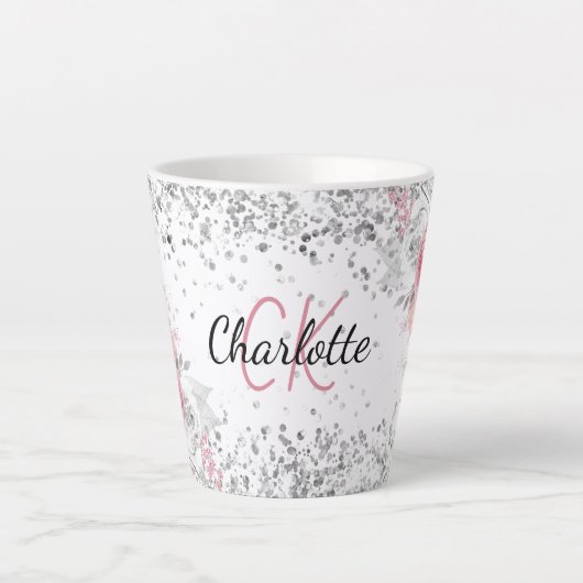 Silver roze florals elegant monogram latte mok (Voorkant)