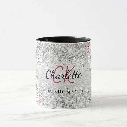 Silver roze florals elegant monogram mok (Midden)