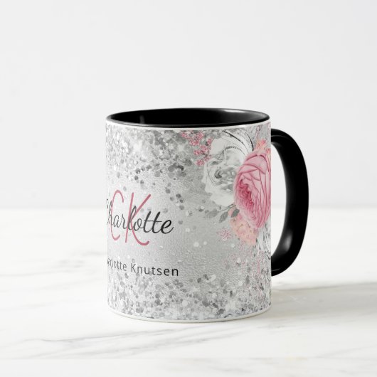 Silver roze florals elegant monogram mok (Voorkant rechts)