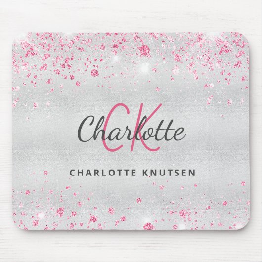 Silver roze glitter monogram, metallic naam muismat (Voorkant)