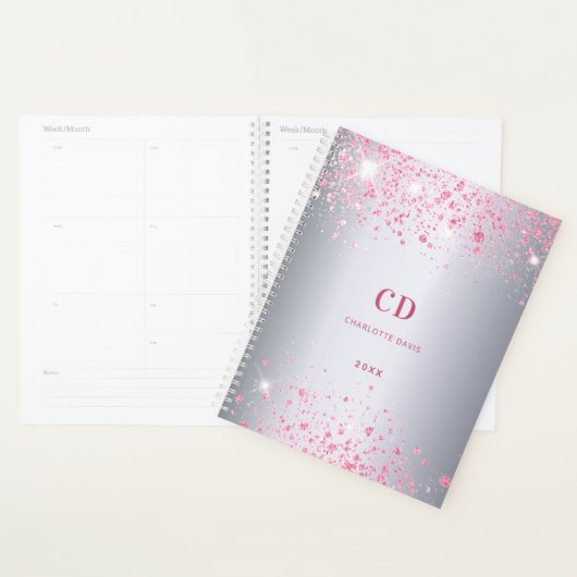 Silver roze glitter-monogram planner (Display)