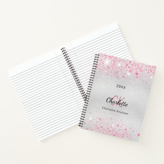 Silver roze glitter-naam monogram notitieboek (Binnen)