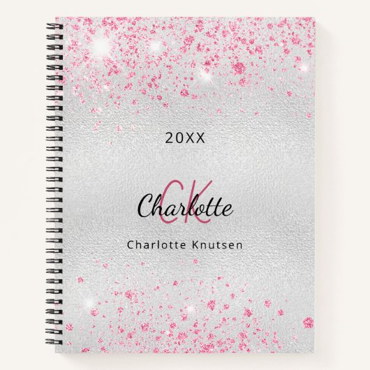 Silver roze glitter-naam monogram notitieboek (Voorkant)