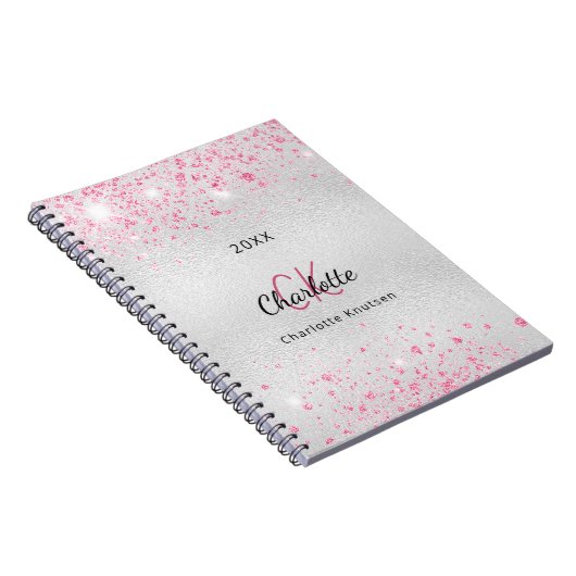 Silver roze glitter-naam monogram notitieboek (Rechterzijde)