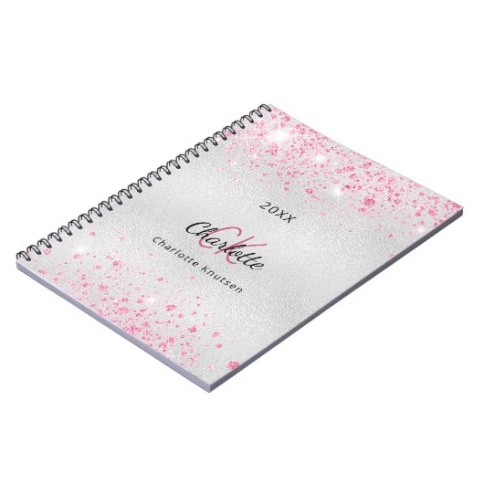 Silver roze glitter-naam monogram notitieboek (Linkerzijde)