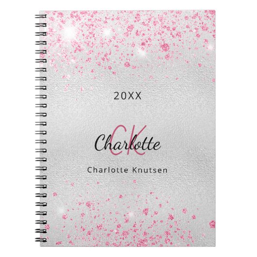 Silver roze glitter-naam monogram notitieboek (Voorkant)