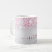 Silver roze glitter-naamscript glamoureus koffiemok (Voorkant links)