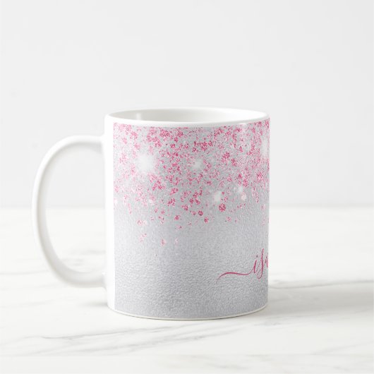 Silver roze glitter-naamscript glamoureus koffiemok (Links)