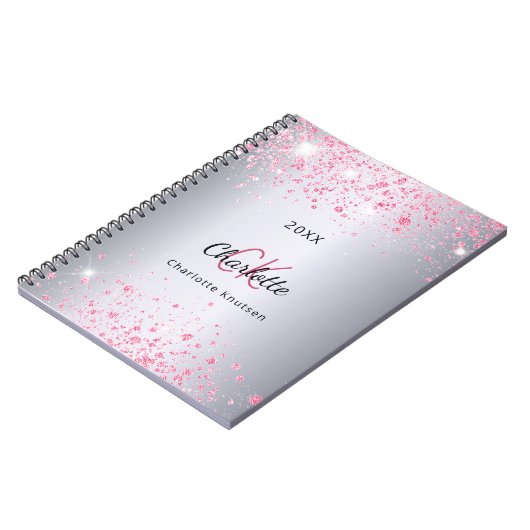 Silver roze glitter stofnaam monogram notitieboek (Linkerzijde)