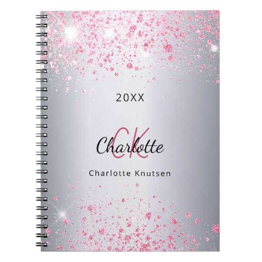 Silver roze glitter stofnaam monogram notitieboek (Voorkant)