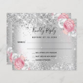 Silver roze witte florale glitter bruiloft RSVP-ka (Voorkant / Achterkant)