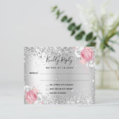 Silver roze witte florale glitter bruiloft RSVP-ka (Staand voorkant)