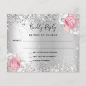 Silver roze witte florale glitter bruiloft RSVP-ka (Voorkant)