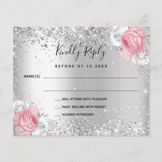 Silver roze witte florale glitter bruiloft RSVP-ka (Voorkant)