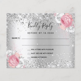 Silver roze witte florale glitter bruiloft RSVP-ka