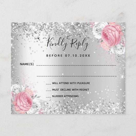 Silver roze witte floralen bruinkoolvis RSVP Flyer (Voorkant)