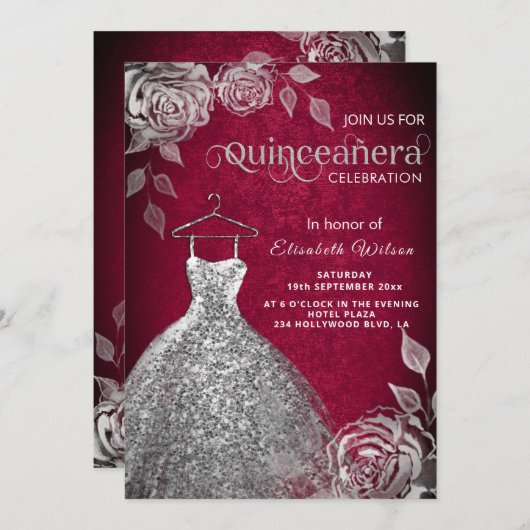 Silver rozen trendy sequins kleden Quinceañera in Kaart (Voorkant / Achterkant)