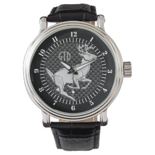Silver Running Deer on Carbon Decor Monogram Horloge