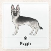 Silver Sable Duitse Herder en Paw Aangepaste naam Glazen Onderzetter (Voorkant)