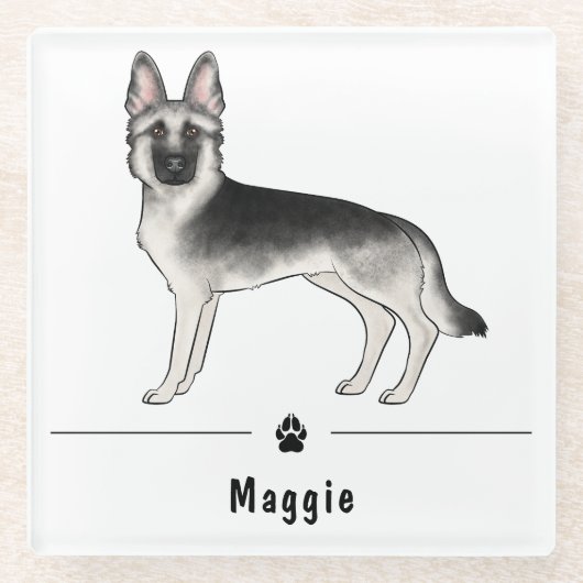 Silver Sable Duitse Herder en Paw Aangepaste naam Glazen Onderzetter (Voorkant)
