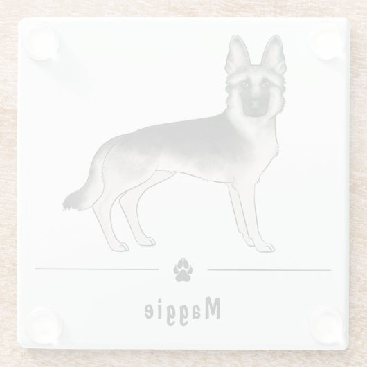 Silver Sable Duitse Herder en Paw Aangepaste naam Glazen Onderzetter (Achterkant)