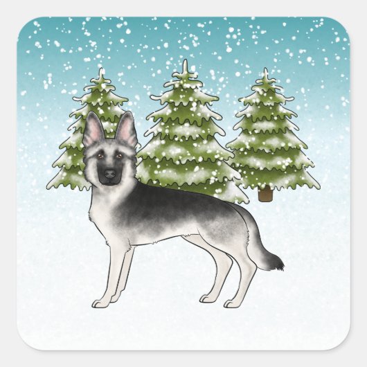 Silver Sable German Shepherd Blue Winter Forest Vierkante Sticker (Voorkant)