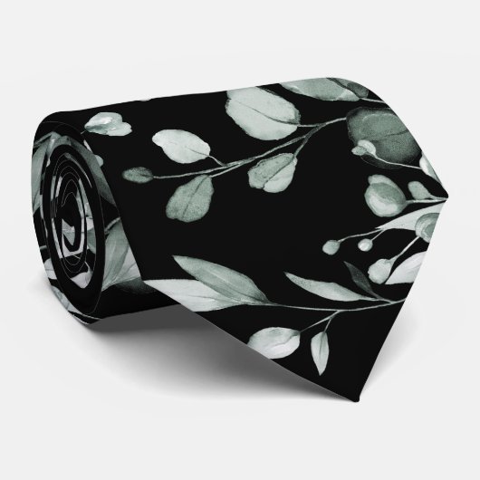 Silver Sage & Black Eucalyptus Greenery Wedding Stropdas (Opgerold)