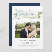 Silver Sage en Navy Eucalyptus Geometric Wedding Save The Date (Voorkant / Achterkant)