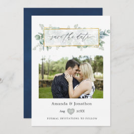 Silver Sage en Navy Eucalyptus Geometric Wedding Save The Date